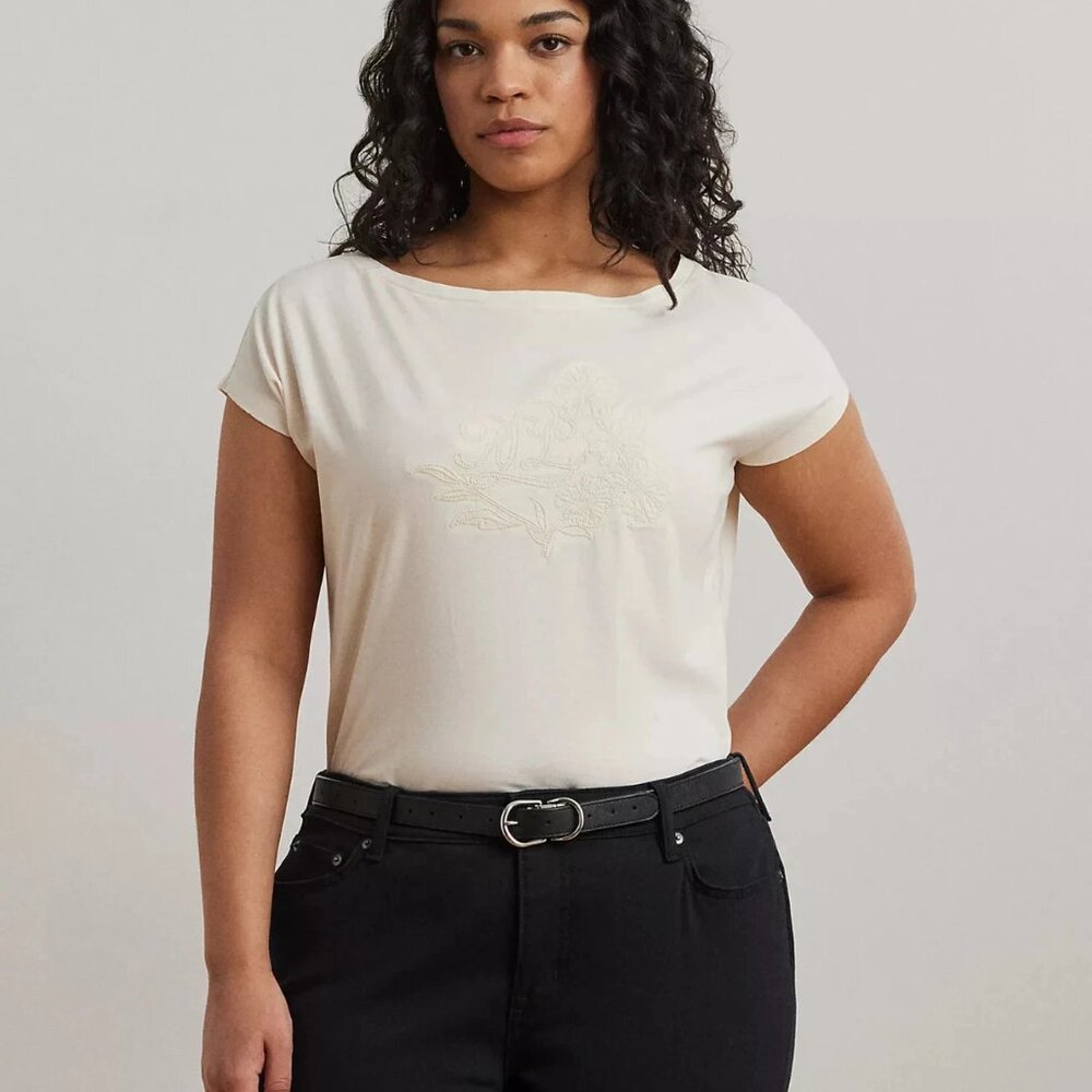 Lauren Ralph Lauren Plus Size Embroidered Boatneck Tee 1X Cotton Jersey